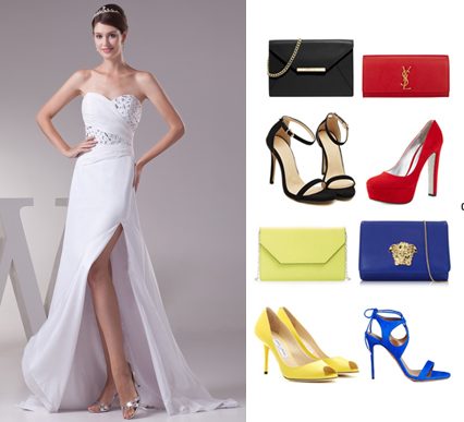wearing-white-evening-dress-with-contrasting-color-accessories